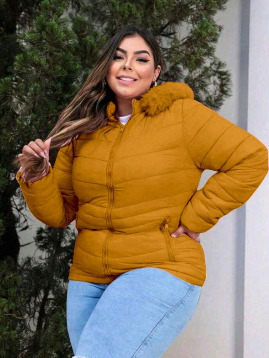 WOMEN'S PLUS SIZE GOMINHO PUFFER JACKET COAT WITH REMOVABLE HOOD SUPER WARM LARGE SIZE - 駝色 - 查看 1