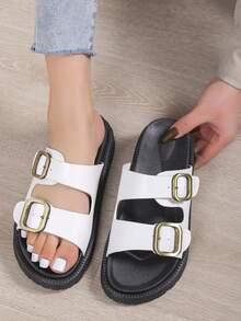 女士扣饰PU凉鞋鞋垫，白色金属扣带厚底时尚女士鞋，沙滩拖鞋 - 白色 - 查看 5