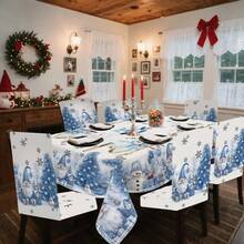 1/4/5/6/35 peças Presente de Natal Azul Gelo, Papai Noel, Árvore de Natal, Conjunto de Toalha de Mesa com Estampa Digital e Capa para Cadeira - Toalha de Mesa Decorativa Lavável à Prova de Poeira para Móveis Internos, Adequada para Decoração de Sala de Jantar Interna, Reuniões Familiares, Presentes, Decoração de Festas de Fim de Ano