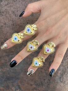 1 pieza Anillo de joyería con forma de corazón chapado en oro con circonita brillante, ojo de la suerte abierto, adecuado para uso diario y fiestas de mujeres