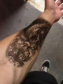 1 张大尺寸人体艺术临时纹身贴纸，适用于男士，黑色逼真虎龙动物图案，防水假纹身，持续 2-5 天，遮盖疤痕，可用于手臂手腕肩腿腰颈手胸部大腿手指