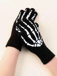 1 Pair Halloween Skeleton Glow In The Dark Touch Screen Printed Gloves, Suitable For Outdoor Cycling And Warm Knitted Gloves, Ideal Gift Choice