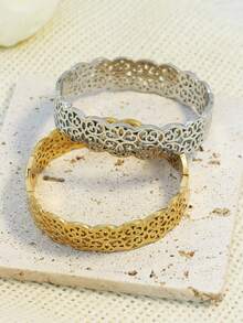 1. Stainless Steel Gold & Silver Bohemian Floral Jewelry For Women's Wedding, Dubai Style Hollow Crown Luxury 18K Gold-Plated Bangle, Lightweight Middle Eastern Style Bracelet, Suitable For Wedding Accessories, Daily Wear And Special Occasions, Mother's Day - Multicolor - View 3