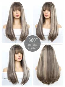 SMILCO 24-Inch Women's Wig, Long Straight Hair With Straight Bangs, Brown Highlights, High-Temperature Silk, Comfortable And Breathable, Suitable For Daily Wear - 挑染棕色 - 查看 5