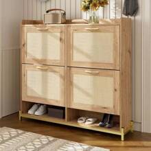 Wooden And Rattan Shoe Cabinet / Modern Shoe Cabinet With Large Capacity / Freestanding Shoe Cabinet / Metal Frame And Top Shelf For Durability / Multiple Storage Spaces, Easy To Install / Suitable For Entryways, Hallways, Or Entryways