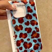 Estuche para teléfono Estuche para teléfono móvil con patrón de glaciar con orificio grande de 1 pieza con fondo azul y estampado de leopardo retro, compatible con los modelos 11, 12, 13, 14 Plus, 15 y 16 Pro. - Colores mixtos 1 - Ver 1
