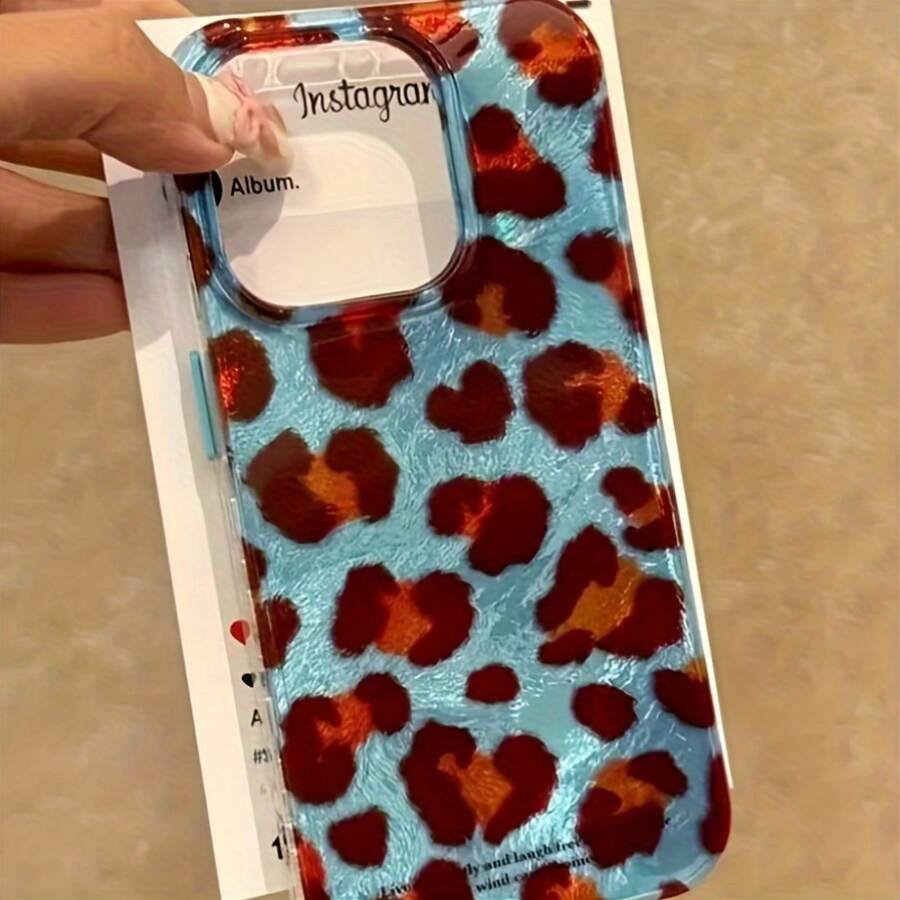 Estuche para teléfono Estuche para teléfono móvil con patrón de glaciar con orificio grande de 1 pieza con fondo azul y estampado de leopardo retro, compatible con los modelos 11, 12, 13, 14 Plus, 15 y 16 Pro. - Colores mixtos 1 - Ver 1