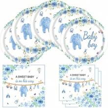 Greenery Baby Shower Plates And Napkins Decorations, Include 20 Plates And 20 Napkins, Watercolor Blue Baby Boy Theme Birthday Party Decorations For Gender Reveal Party Supplies Baby Shower