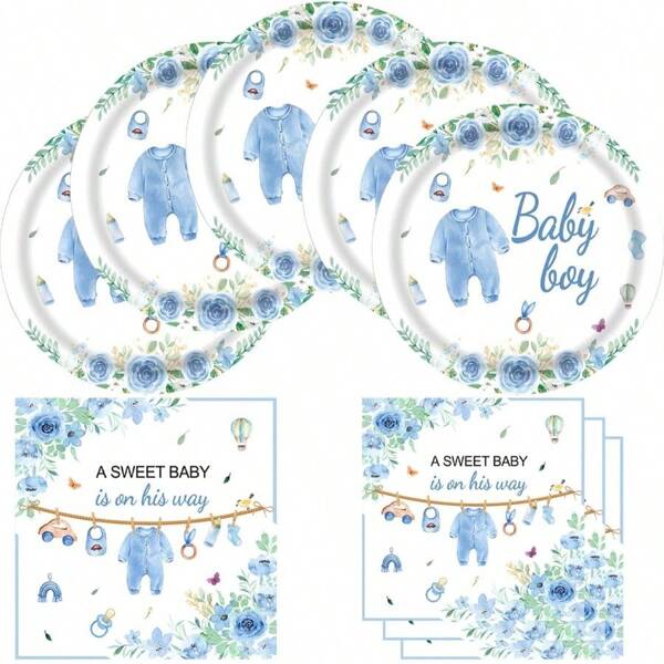 Greenery Baby Shower Plates And Napkins Decorations, Include 20 Plates And 20 Napkins, Watercolor Blue Baby Boy Theme Birthday Party Decorations For Gender Reveal Party Supplies Baby Shower