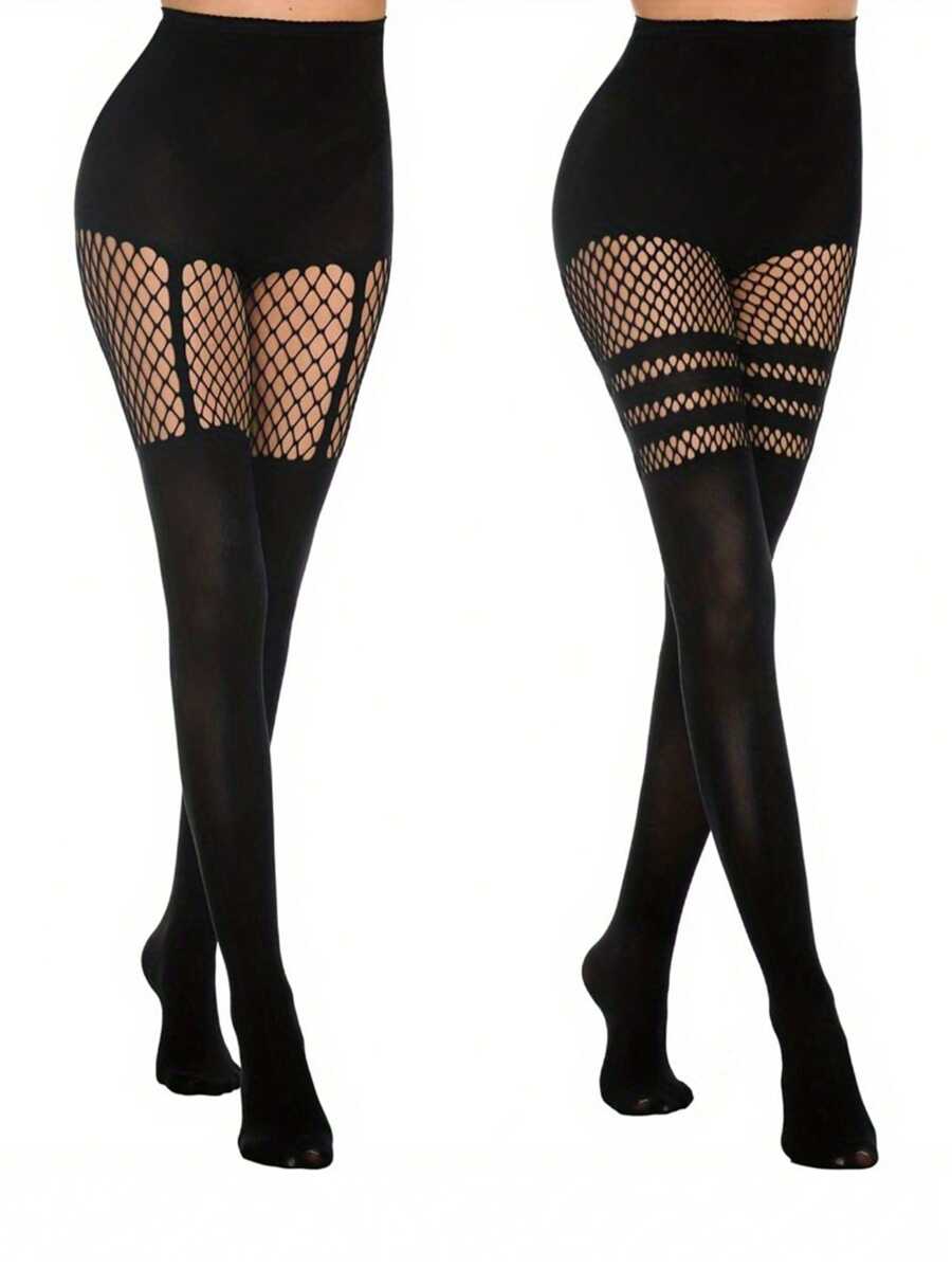 2 Pares de Meia-Calça Sexy com Recorte, Meias de Rede Texturizada com Decote em Halter e Meias de Rede de Pesca Sexy, Elegantes e Versáteis