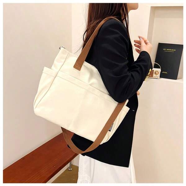 Fashion Simple Multi-Pocket Commuter Bag Thickened Canvas Tote Hundred Artistic Style Students Large Capacity Shoulder Crossbody Canvas Bag
