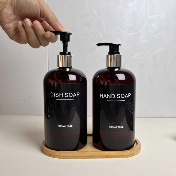 2pcs Set Amber Color Hand Wash Liquid Refill Bottles With Bamboo Wooden Tray, Farmhouse Decor, Bathroom Hand/Dish Soap Dispenser Pump Bottles