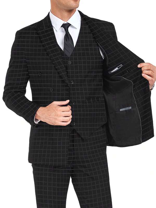 Furuyal Men's Suits Plaid Elegance Two Button Slim Fit Single Breasted Wedding Party Prom Men 3 PiecesSuit Blazer Vest Pants Set Business Grey Size XS-3XL