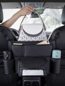 优质皮革汽车座椅中间储物袋 - 多功能前排座椅收纳袋，带凸起边缘、双面拉链开合和钩环固定，包含 2 个额外口袋、宽敞的零食、手机和必需品隔层、大容量设计、布料和水瓶口袋，适合夏季使用