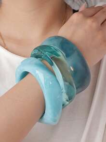 3pcs/Set Blue Tone Acrylic Bracelet Set, Elegant Minimalist Adjustable Bangle, Suitable For Daily Wear And Vacation