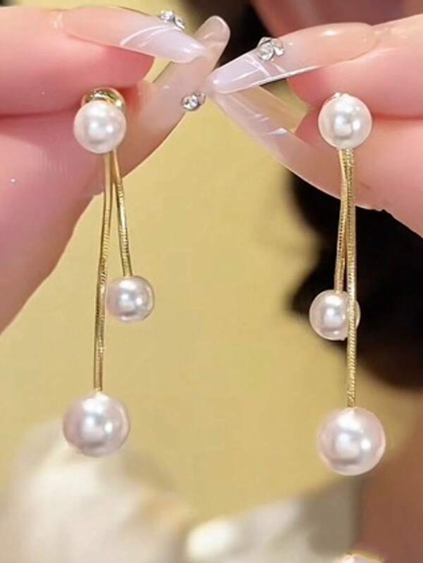 1 Pair Of Two-Way Faux Pearl Long Earrings, Faux Pearl Tassel Earrings, Bridal Earrings With Imitation Pearls - Pendant And Dangle, Elegant And Classic Style, Fashionable And Elegant Women's Accessories, Perfect For Daily Wear, Vacation And Special Occasions