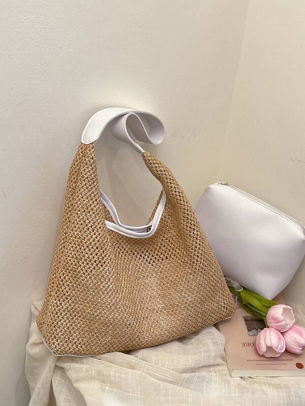 Plain Straw Large Capacity Beach Tote Bag