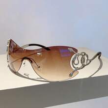 New Style Personality Fashion Frameless One-Piece Snake-Shaped Temple Tech Sense Quirky Sunglasses - Tea Powder Silver Accessories - View 6