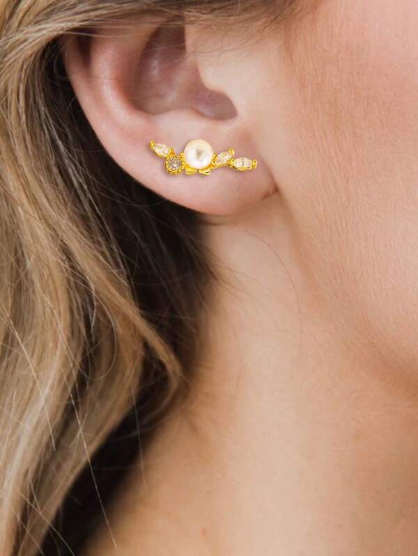 Brincos de zircônia em formato de galho de árvore, 1 peça, joias femininas elegantes, versáteis e simples, barra de aço inoxidável 316L, 6 mm de comprimento, 1,2 mm de espessura, decoração de pérola falsa de plástico
