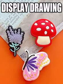 11个色彩缤纷的小花蘑菇，以花朵、蘑菇、蝴蝶、爱心等元素为特色，以粉紫色为主色调，点缀清新色彩。设计可爱精致，仿佛凝聚着森林的小美。可用于装饰凉鞋、沙滩包等。