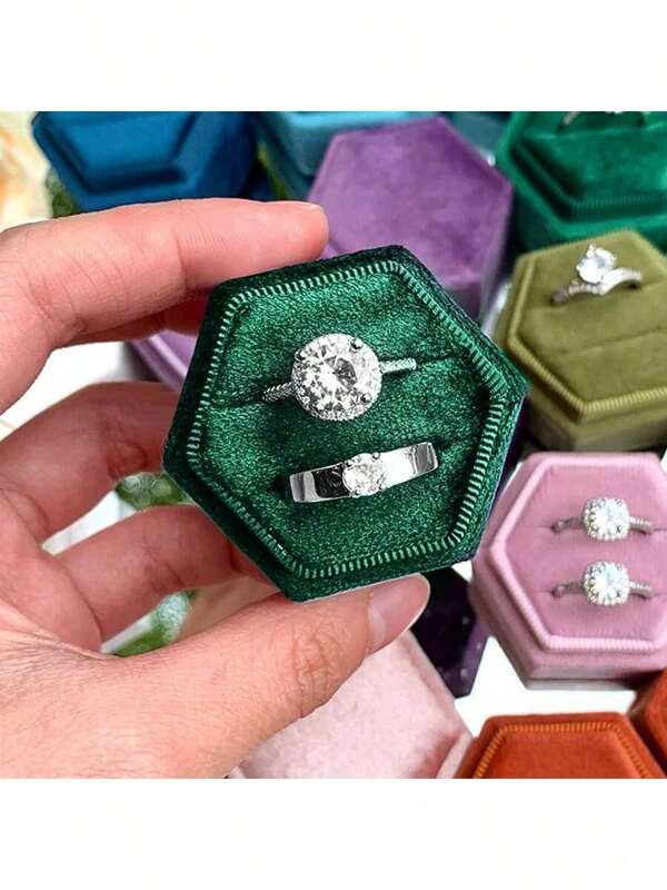 1 pieza Caja de anillo de terciopelo de 5*4.5*4.5cm, caja de anillo de compromiso de terciopelo blanco/rosa, caja de joyería de terciopelo hexagonal para bodas, caja de anillo dual octagonal vintage para anillos y pendientes, adecuada para propuestas, bodas, aniversarios y viajes