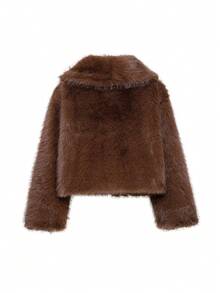 SHIBASHAN Winter Fashion Cropped Faux Fur Jacket Turn-Down Collar Long Sleeve Plush Warm Coat