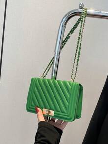 Fashion New Solid Color PU Embossed Mini Shoulder Bag, Street Commuter Crossbody Bag, Minimalist Women's Chain Small Square Bag - Green - View 7
