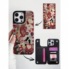 1pcs Cardiac Multi-Element Collage Pattern Apple Luxury Leather Flip Wallet Phone Case With Card Holder Compatible With IPhone 12/13/14/15/16/Pro/Plus/Pro Max, Cardholder Protective Cover - Black - View 1