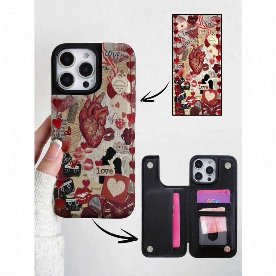 1pcs Cardiac Multi-Element Collage Pattern Apple Luxury Leather Flip Wallet Phone Case With Card Holder Compatible With IPhone 12/13/14/15/16/Pro/Plus/Pro Max, Cardholder Protective Cover - Black - View 1