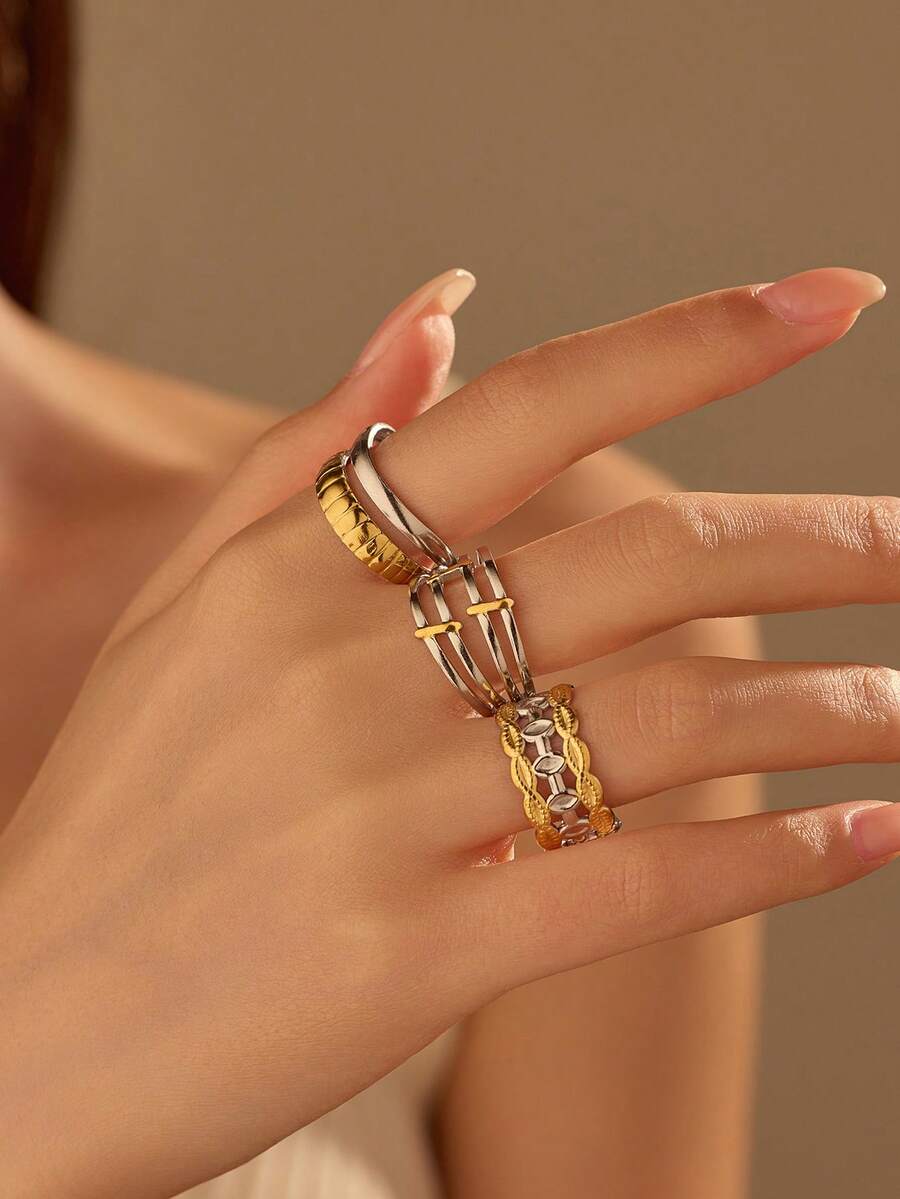 3pcs Stainless Steel Gold And Silver Shell Rings Set, Adjustable Size, Suitable For Women Daily Decoration Or Gift - Multicolor - View 1