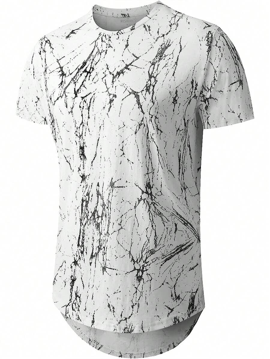 Men's Allover Print Round Neck Casual Short Sleeve T-Shirt, Summer - White - View 1