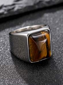 Rectangular Tiger Eye Stone Ring, Stainless Steel Cast, Thick Band, Natural Gemstone Inlay, Fashionable Boho Style, Unisex, Summer Accessory, Seasonal Gift, Gift For Friends - Silver - View 3