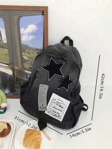 Y2K 紮染漸層復古星星與字母印花報紙大容量中性酷街頭風女款後背包，開學熱門星星印花 - 黑色 - 查看 2