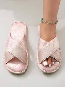 Fall/Winter New Chinese Style Embroidered Satin Criss-Cross Women House Slippers, Comfortable & Elegant, Anti-Slip - Pink - View 4