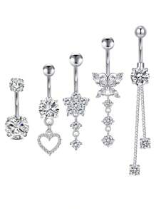 Set de 5 piezas de 14g de barras de ombligo de acero inoxidable con aros colgantes de ombligo para mujer, joyería de perforación con colgantes de corazón, flor y mariposa en plata y oro