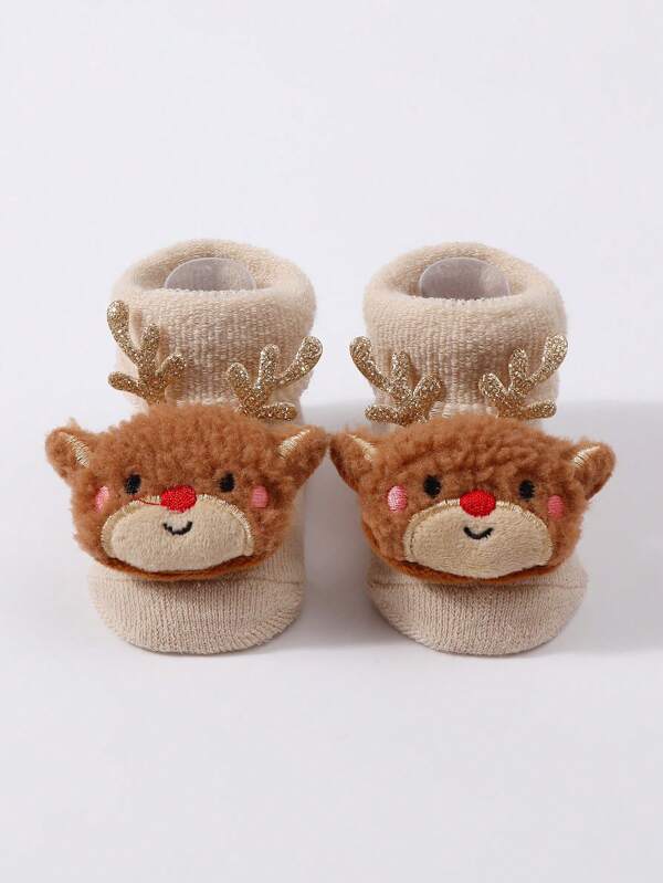 1 Pair Newborn Cartoon Character Mid-Calf Socks, Autumn/Winter Warm Fleece-Lined Anti-Slip Baby Socks, Christmas Socks