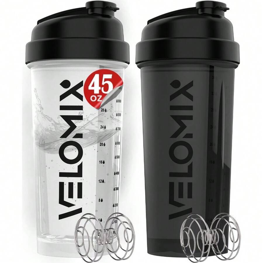 2-Pack 28oz Protein Shaker Bottles With 2 Stainless Steel Whisk Balls - Leakproof Gym/Travel/Workout Mixer Cups For Protein Powder, Pre-Workout & Smoothies (Blue & Clear) - 45盎司黑色/透明 - 查看 1