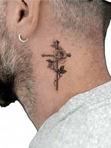 1pc Temporary Cross & Sword Flower Tattoo Sticker For Men, Waterproof Temporary Tattoo Sticker, Fashionable Personalized Tattoo Sticker Suitable For People - Black - View 4