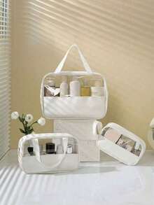 3pcs Set - 1 Waterproof Summer Travel Cosmetic Bag, Multi-Functional Makeup Organizer Bag, Portable Travel Storage Bag For Skincare, Cosmetics, Makeup Brushes, Eyeshadow Palette, Foundation, Lipstick, Jewelry, Bridesmaid Gift, Mother's Day Gift Beach Bag,Toiletry Bag Back To School - White - View 12