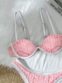 Bikinx Summer Beach Mesh Sexy Underwire Bikini Set, Contrast Color Swimwear - Pink - View 2