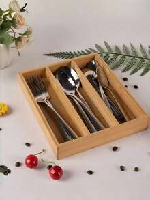 1pc Bamboo Kitchen Drawer Organizer, Silverware Cutlery Tray, Kitchen Utensil Holder And Drawer Organizer, Household Essential Kitchen Utensil Storage For Women Storage Organizer Travel Essentials Back To School Dormitory Storage Fall Decor - Khaki - View 6