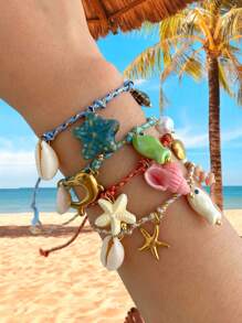 1 pieza Pulsera bohemia de estilo oceánico, creativa, de moda, de lujo elegante, de acero de titanio fino con forma de estrella de mar, delfín, concha, pez de cerámica y piedra natural irregular trenzada, como regalo para dama, hermana, pareja, para uso diario, citas, fiestas, vacaciones, verano, playa, de tamaño ajustable