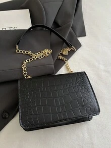 经典纯色PU防水面料单肩包，鳄鱼纹压花设计女士钱包，豆腐方形包，通勤包，适合旅行、购物、节日、聚会等场合 - 黑色 - 查看 5