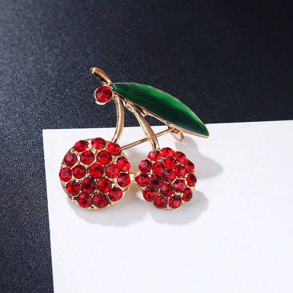 1pc Korean Style Fashionable Fruit & Leaf Enamel Brooch With Rhinestones, Blue Cherry Design, In-Stock Wholesale