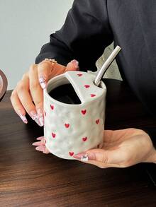 1 buah Mug Keramik Hati Merah & Pink dengan Sedotan, Gaya Korea yang Lucu, Pegangan yang Nyaman, Pola Hati yang Dilukis Tangan, Cocok untuk Sarapan di Rumah, Susu, Teh, Air, Jus, Kantor, Teh Sore untuk Pacar, Hari Valentine - MultiWarna - View 11