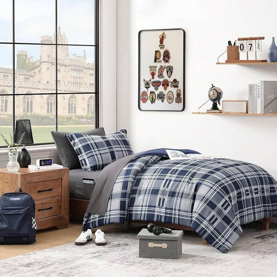 King Comforter Set, Classic Red Black Plaid-Piece Bedding Set, Farmhouse Lightweight All-Season Bed In A Bag With Sheets, Pillowcases & Shams, Home Decor - 海軍藍 - 查看 1