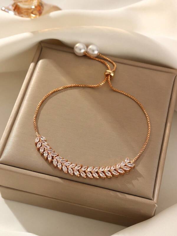 1pc Copper Alloy Zirconia Inlaid Minimalist Wheat Ear Design Bracelet, Luxury Sparkly Bracelet, Fashionable Item, Best Gift Choice For Holidays