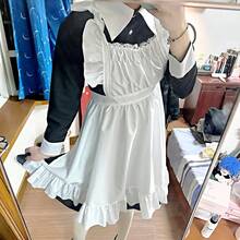 一件可爱简约的双色蕾丝边缎面荷叶边中长连衣裙，带领，女仆装围裙裙，适合角色扮演、派对、拍照、万圣节服装、春季派对礼服 - 彩色 - 查看 3