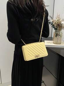 时尚新款纯色PU压花迷你单肩包街头通勤斜挎包简约女士链条小方包 - 黃色 - 查看 5