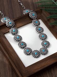 1 pieza Cadena de cintura de metal plateado estilo bohemio con colgante floral e incrustación de piedra, adecuada para atuendos diarios, de vacaciones y de fiesta de mujeres - Plateado - Ver 4